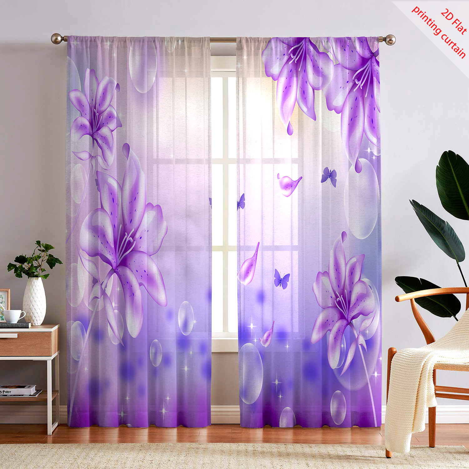 Home Office Windows - Cortina de Gasa Transparente con Estampado